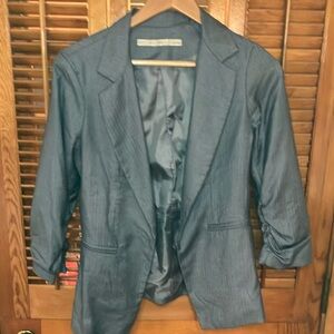 Gibson Blue Pinstriped 3/4 Ruched Sleeve Blazer Medium